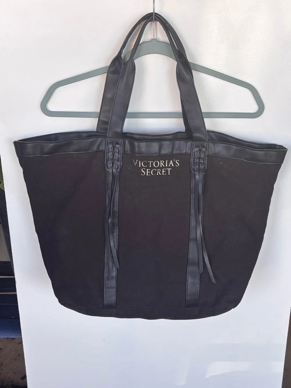 Victoria's Secret Black Canvas Tote with Faux Leather Trim